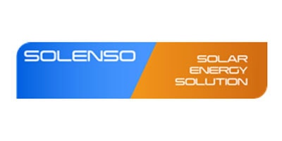 Logo Solenso s modro-oranžovým dizajnom pre solárne energetické riešenia.